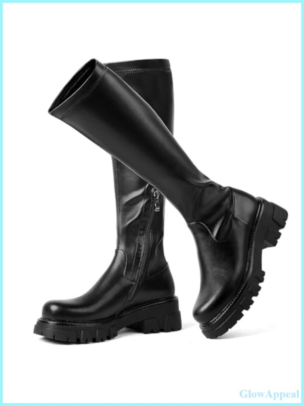 Platform Knee High Boots Stretch Faux Leather Chunky Block Heel Side Zip